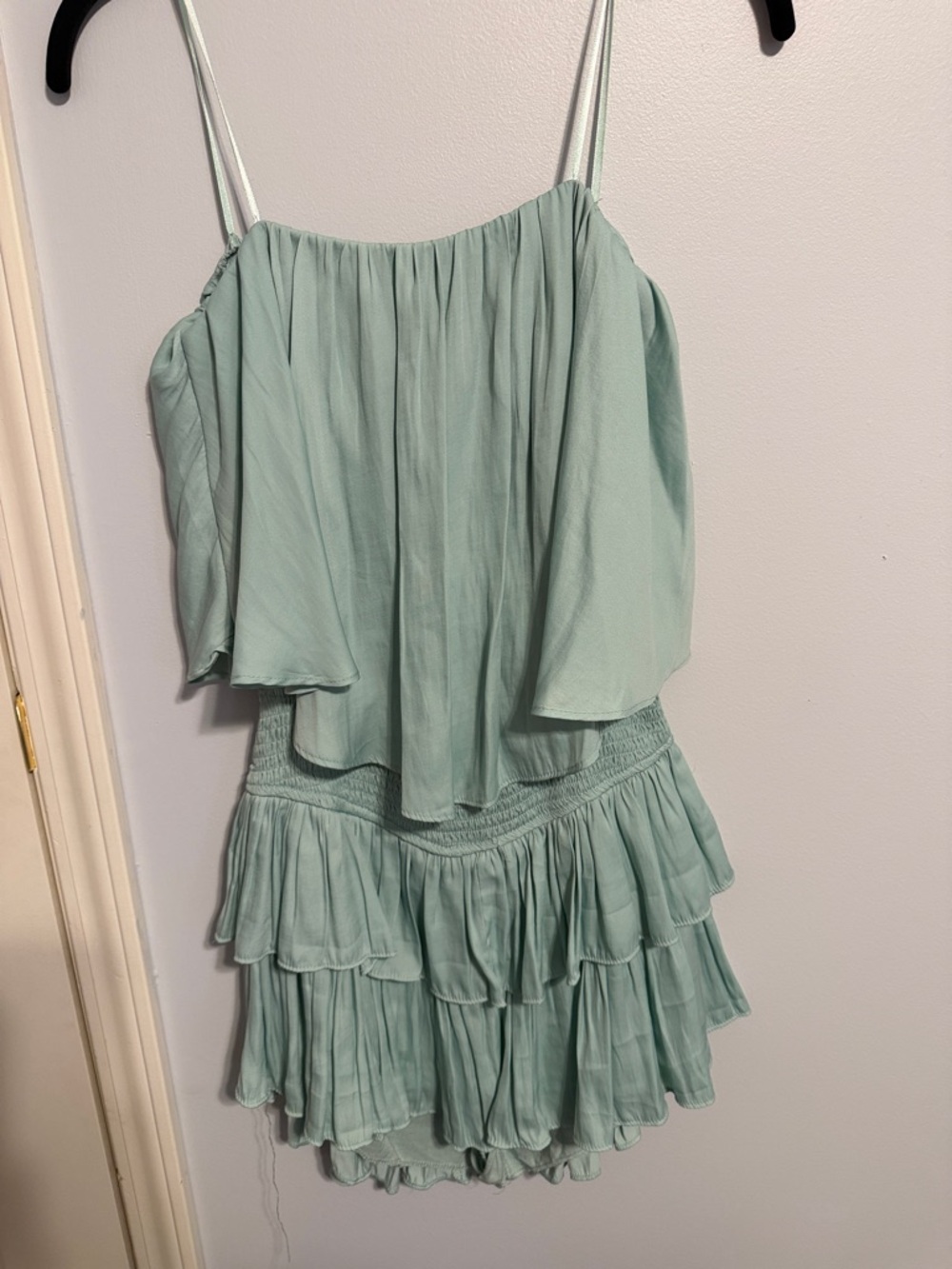 Light Mint Tiered Ruffle Romper - Sleeveless Spaghetti Strap